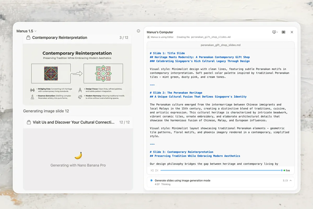 Manus AI builds your slides using Nano Banana Pro Model