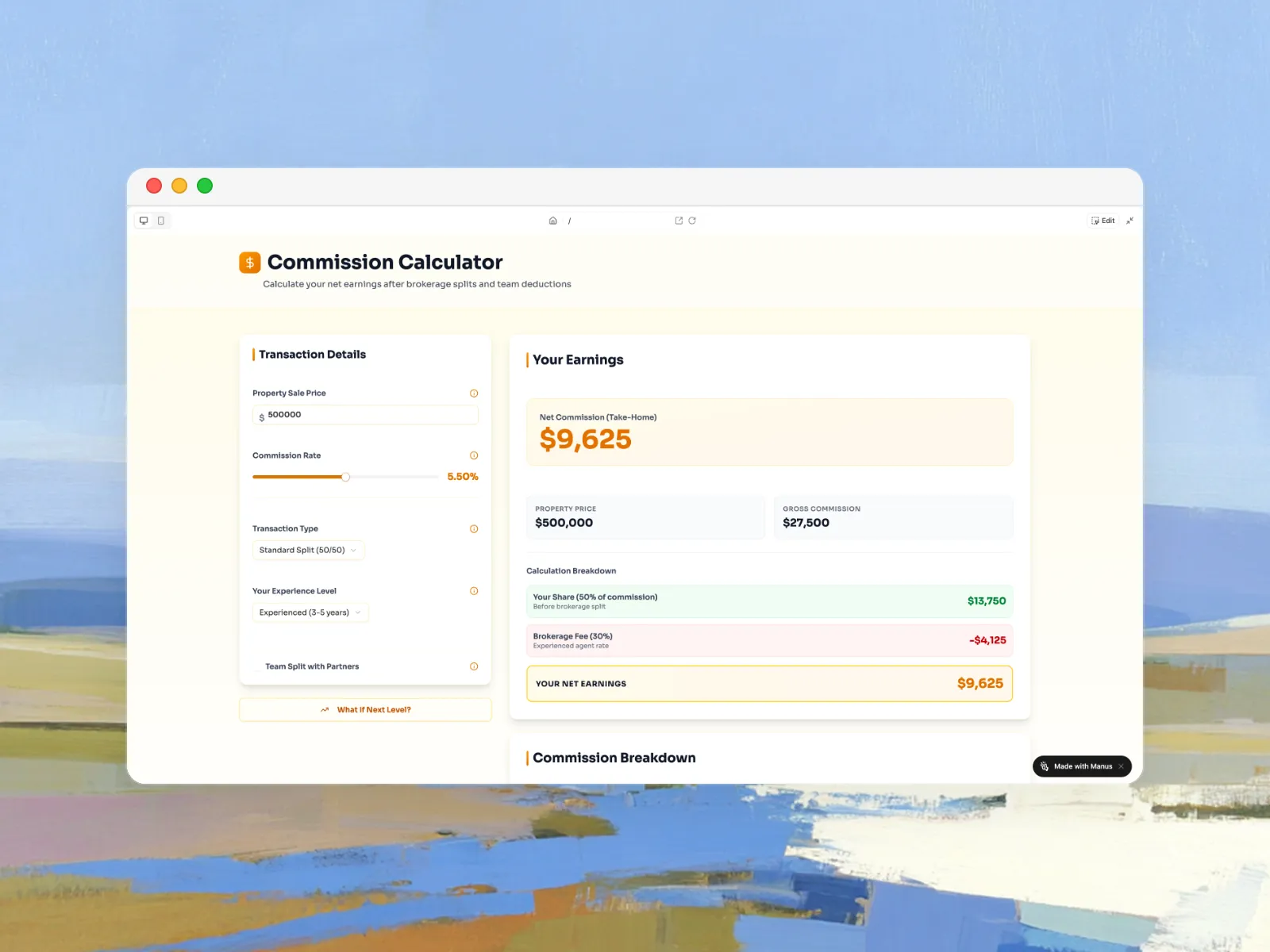 Real estate commission calculator with split breakdowns